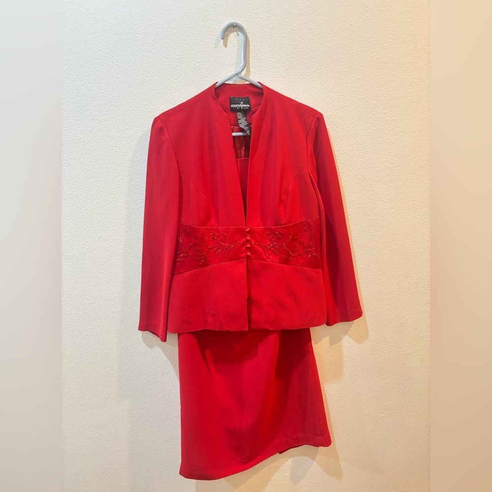 Red 3-Piece Skirt Suit Set Beaded Waist Petite 10 Y2K/Vintage